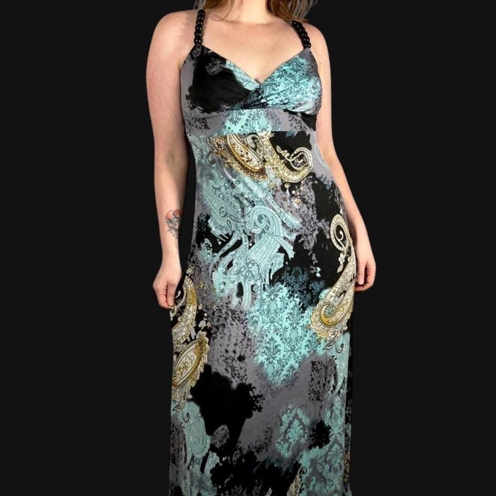Y2K Paisley Fairy Grunge Maxi Dress Womens L Beaded Straps Whimsygoth Festival